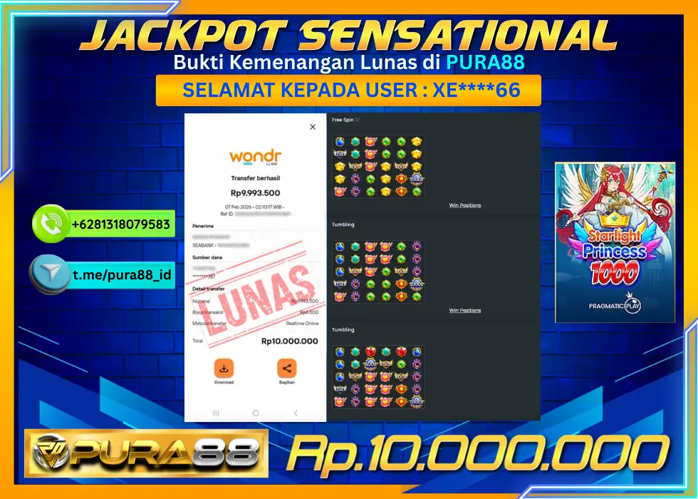 PURA88 JACKPOT STARLIGHT PRINCESS 1000 Rp 10.000.000,- LUNAS